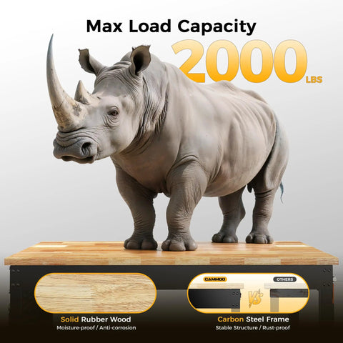 Rock Solid Heavy Duty Adjustable Workbench With 47.64 Inch Surface, 2000 Lb Load Capacity, supporting a rhino on rubber wood top