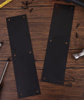 Tough As Nails 2 Pack Stainless Steel Door Push Plates 11.5 By 3 Inch Slick Black Kick Shield with mounting screws and tools.