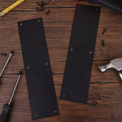 Tough As Nails 2 Pack Stainless Steel Door Push Plates 11.5 By 3 Inch Slick Black Kick Shield with mounting screws and tools.