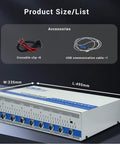 Heavy Duty Eight Channel Battery Tester With Five Amp Charge Discharge Sync Voltage Equalizer For 18650 21700 Lipo LifePo4 Cells Pro Grade Pack Builder Tool showing dimensions and included accessories.