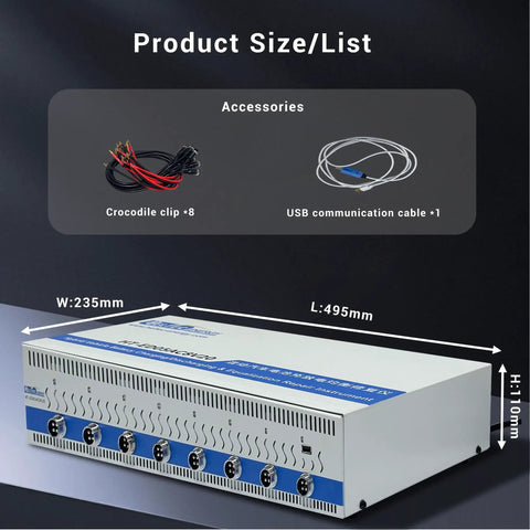 Heavy Duty Eight Channel Battery Tester With Five Amp Charge Discharge Sync Voltage Equalizer For 18650 21700 Lipo LifePo4 Cells Pro Grade Pack Builder Tool showing dimensions and included accessories.