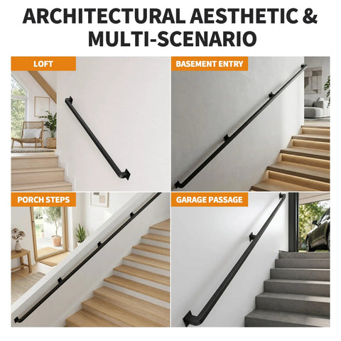 Rock Solid Black Wrought Iron Indoor Stair Handrail With Heavy Duty Square Tube Safety Railing And Sleek Matte Finish For Hallway Protection And No Sweat Diy Upgrades in multiple settings including loft, porch steps, basement entry, and garage.