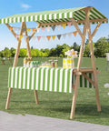 Built Tough Wood Roll Out Food Cart On Wheels With No Sweat Assembly For Street Vendors And Farmers Markets Mobile Market Stall with striped canopy.