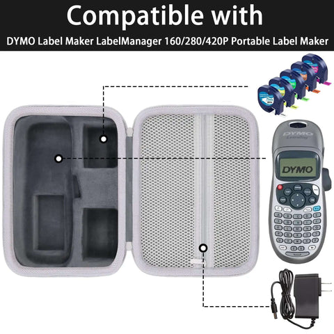 Rugged Hard Shell Case for DYMO LetraTag LT-100H and LT-100H Plus Label Maker interior showing mesh, compartments, and zipper.