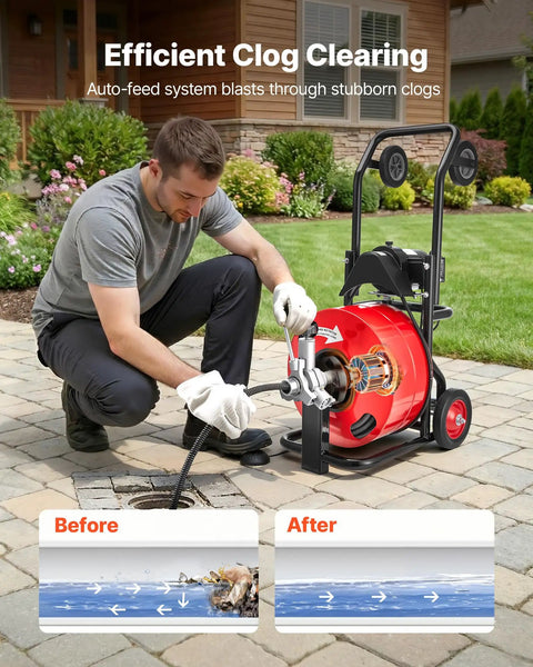 Heavy Hitter Auto Feed Drain Cleaner With 100 Ft Steel Pipe Snake and Zippy Motor in action, clearing a clogged drain.