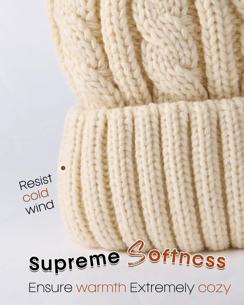 Close-up of Cozy Winter Beanie Knit Hat for Women in beige showcasing soft acrylic knit, ideal for cold weather