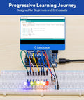 3 In 1 Starter Kit With Arduino Uno R4 Minima For IoT And Smart Car Projects ESP8266 WiFi Battery Pack shown with LED lights on a breadboard