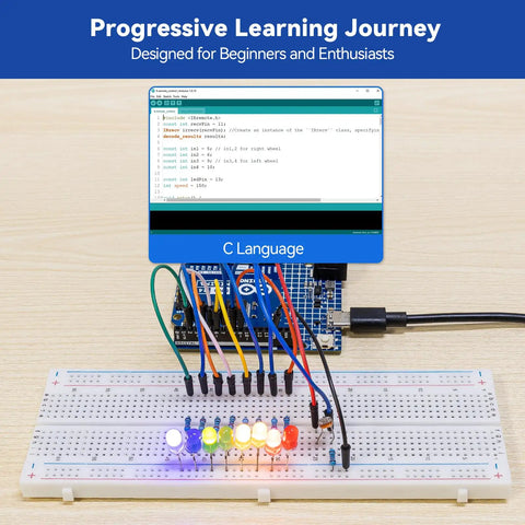 3 In 1 Starter Kit With Arduino Uno R4 Minima For IoT And Smart Car Projects ESP8266 WiFi Battery Pack shown with LED lights on a breadboard