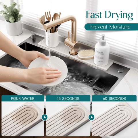 Eormoe kitchen faucet mat; light gray diatomite stone drying mat and sink protector under a faucet.