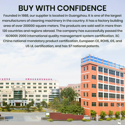 Factory building of a leading cleaning machinery manufacturer in Guangzhou with certifications and global sales background.