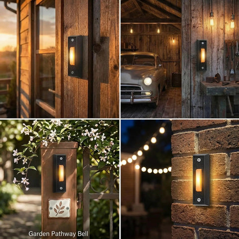 Lighted Wired Doorbell Button With LED Glow For Garage And Home Entry on wooden and brick surfaces, black warm light