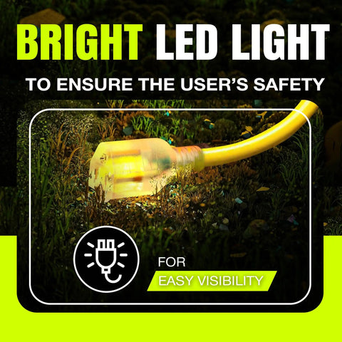 Beefy Ten Three Gauge Outdoor Indoor Extension Cord 3 Prong SJTW Waterproof Flexible Cold Resistant Long Power Cord 15A 125V 1875W Yellow For Home Workshop Job Site Heavy Duty yellow plug in grass