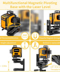 Multifunctional magnetic pivoting base for Straight Shooter Self Leveling Green Laser Level, showing 360° rotation and height adjustment.
