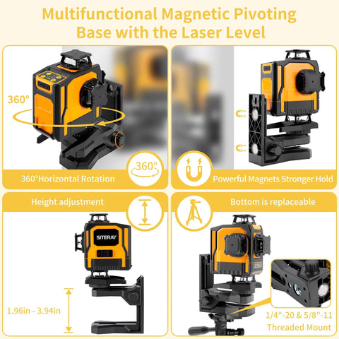 Multifunctional magnetic pivoting base for Straight Shooter Self Leveling Green Laser Level, showing 360° rotation and height adjustment.