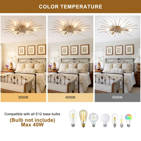 Firework Chandelier Pendant Light With Eight Lights, Chrome Finish showing color temperature in bedroom setting with E12 bulb types.