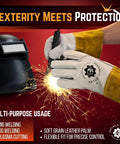 Heavy-Duty Leather Welding Gloves With Extended Cuff For Full Forearm Protection in action during MIG welding