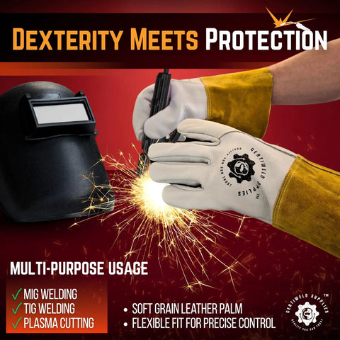 Heavy-Duty Leather Welding Gloves With Extended Cuff For Full Forearm Protection in action during MIG welding