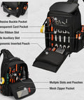 Interior view of Heavy Duty Electrician Tool Chest Bag With 21 Tough As Nails Pockets And Waterproof Oxford Fabric showing pockets and tools.