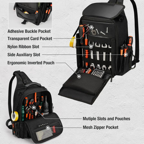 Interior view of Heavy Duty Electrician Tool Chest Bag With 21 Tough As Nails Pockets And Waterproof Oxford Fabric showing pockets and tools.