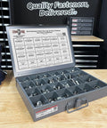 Front view of an open gray metal toolbox with a 574-piece stainless steel hex cap screws, nuts and washers assortment
