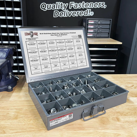 Front view of an open gray metal toolbox with a 574-piece stainless steel hex cap screws, nuts and washers assortment