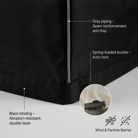 Heavy Duty 600D Oxford Black Miter Saw Cover For Woodworking Bench Tools Up To 28 By 24 By 28 Inches showing grey piping and black binding details.