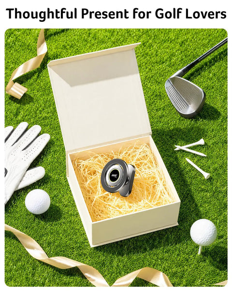 Heavy Duty Magnetic Golf Cart Phone Holder Beefy Alloy Build Secures Your Screen in a gift box on grass with golf accessories.