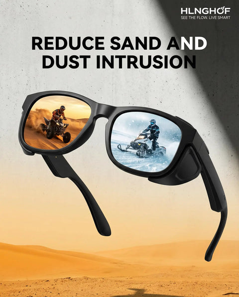 Side Shields For Meta Gen 2 Silicone Smart Glasses in desert and snow settings, showcasing anti-glare, wind, and dust protection.