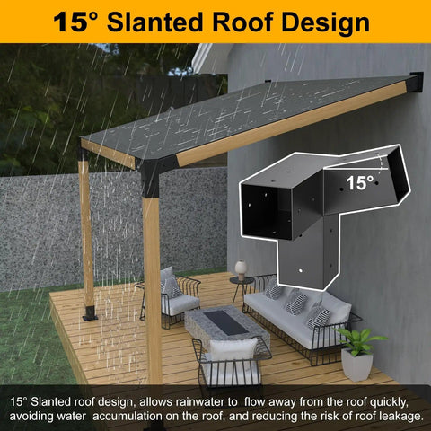 Fifteen Degree Slanted Roof Wall Mount 4 By 4 Pergola Bracket Kit installed on outdoor patio deck