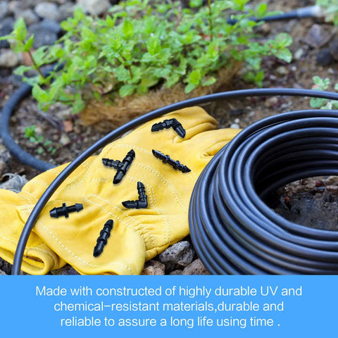Drip Irrigation Fittings Kit 120 Piece With Barbed Connectors on gloves with tubing for garden setup