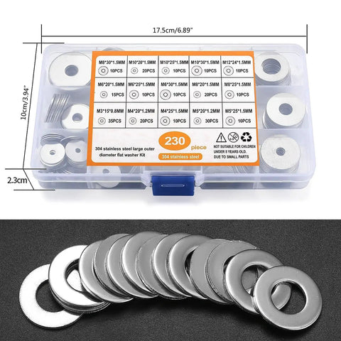 230 Piece Flat Washer Essentials Kit For Electrical Connections And General Repairs Includes Various Size Washers To Fit Screws Nuts And Bolts Distributes Load Prevents Loosening Perfect For Diy Home And Auto Projects, 304 stainless steel case with assorted flat washers