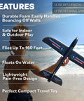 Child holding Ultra Durable Foam Airplane Toy For Kids That Flies Fast And High Easy To Throw Glider Plane on beach with features listed
