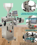 Heavy Duty Automatic Paste And Liquid Filling Machine With Solid Servo Pneumatic Drive And Long Conveyor Belt Built Like A Tank For Gooey Sauces Honey Milk And Thick Blends With No Sweat One Hundred To One Thousand Ml Range with touch screen controller and hopper.