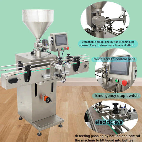 Heavy Duty Automatic Paste And Liquid Filling Machine With Solid Servo Pneumatic Drive And Long Conveyor Belt Built Like A Tank For Gooey Sauces Honey Milk And Thick Blends With No Sweat One Hundred To One Thousand Ml Range with touch screen controller and hopper.