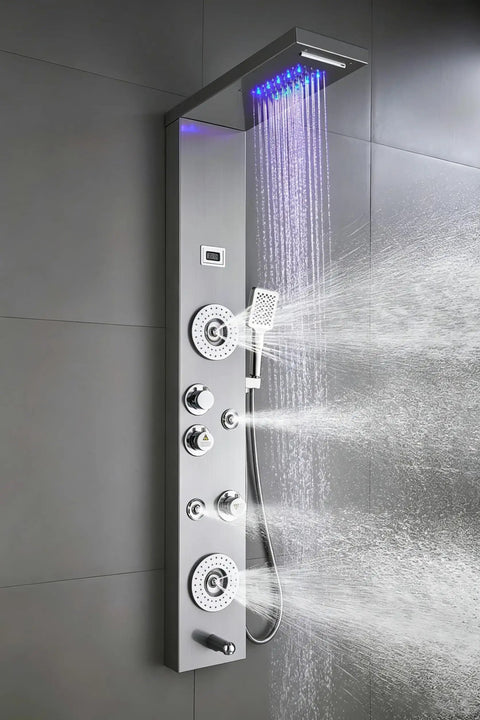 Straight Up Premium Stainless Steel Shower Panel Tower With Led Waterfall Shower Head And 6 Function Bathroom Faucet Featuring Body Jets In Brushed Nickel For A Total Game Changer Home Bath Setup That Really Hits Different