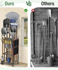 Comparison of metal yard tool organizer with side pocket holding 50 tools vs traditional tool storage in a shed.