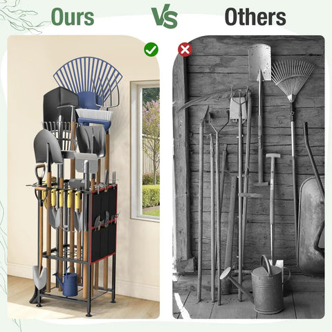 Comparison of metal yard tool organizer with side pocket holding 50 tools vs traditional tool storage in a shed.