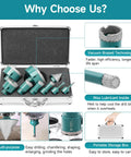 Front view of teal storage case with nine-piece diamond core drill set: eight bits 6/6/20/25/35/50/75/100 mm and 50 mm chamfer bit