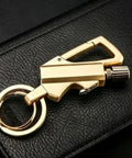 Close-up of Ultimate Reusable Waterproof Survival Lighter With Multitool Keychain And Bottle Opener on black leather surface.