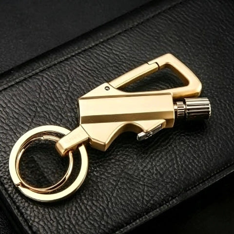 Close-up of Ultimate Reusable Waterproof Survival Lighter With Multitool Keychain And Bottle Opener on black leather surface.
