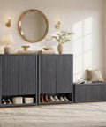 High Capacity Fluted Wooden Shoe Cabinet With Six Tier Hidden Footwear Storage For Entryway showcasing sleek design and storage space.