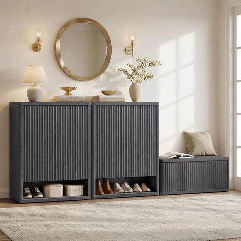 High Capacity Fluted Wooden Shoe Cabinet With Six Tier Hidden Footwear Storage For Entryway showcasing sleek design and storage space.