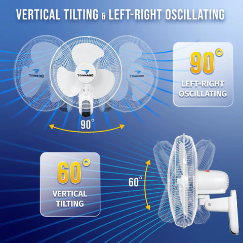 Diagram of Two Pack 16 Inch Wall Mounted Fans For Home Use With 90 Degree Oscillation Remote Control Three Speed Settings 2650 CFM 6 Foot Cord UL Listed Quiet Space Saving Cooling For Living Room Garage Shop highlighting oscillation and tilting features.