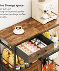 Top view of Your Go To Home Coffee Bar Cabinet With Drawers, Farmhouse Style Buffet Sideboard, open drawer with coffee items.