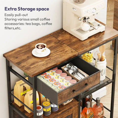 Top view of Your Go To Home Coffee Bar Cabinet With Drawers, Farmhouse Style Buffet Sideboard, open drawer with coffee items.