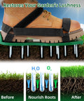 All New Velcro Lawn Aerator Shoes With Easy On Straps And Heavy Duty Spiked Sandals For Lawn Care No Installation Required One Size Fits All For Yard Patio Garden illustrated with diagram and boot