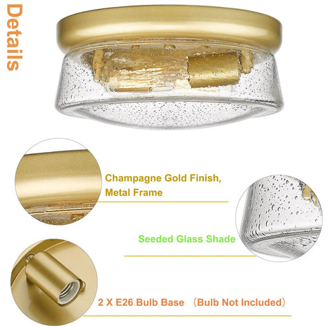 Close-up of 12 Inch 2-Light Modern Gold Flush Mount Ceiling Light with Seeded Glass, showing champagne gold finish and bulb base