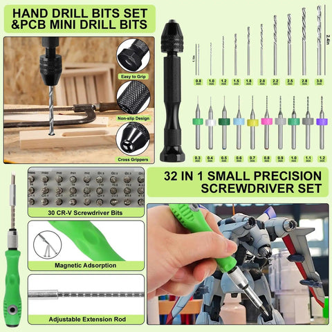 Hand drill bits and precision screwdriver from Ultimate 176 Piece Pro Grade 3D Printing Tool Kit With Nozzle Cleaning Kit Deburring Tool Digital Caliper Smoothing Tools And Finishing Accessories For Model Measuring Removing Flaws And Achieving Clean Professional Looking 3D Prints.