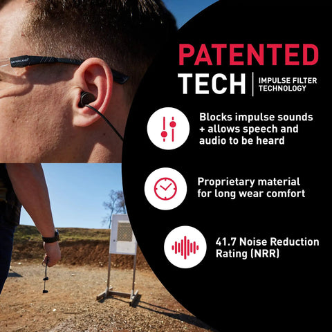 Man wearing Pro Impulse Hearing Protection In Ear Plugs at firing range, with keychain storage case visible, auto activating feature highlighted.