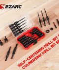 EZARC 22-piece self-centering countersink drill bit set in a red plastic storage box with magnetic extension